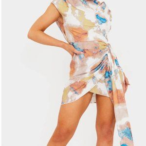 MULTI COLORED SHOULDER PAD DRAPED BODYCON DRESS